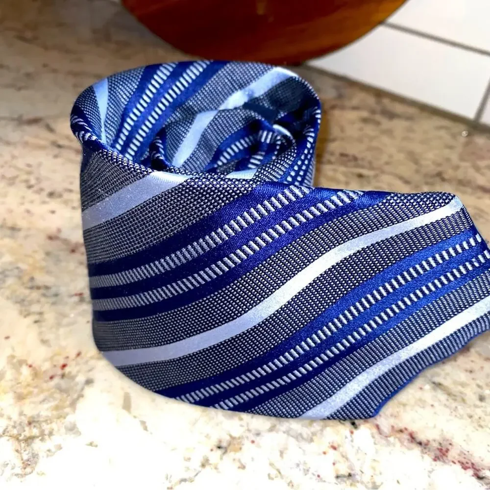 Claudio Marinetti Como Italy Blue Stripe 100% Silk Mens Tie EUC
